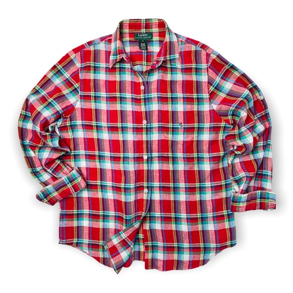 Lauren Ralph Lauren Tops - Lauren Ralph Lauren Red Plaid Linen Button Down Top Size Medium